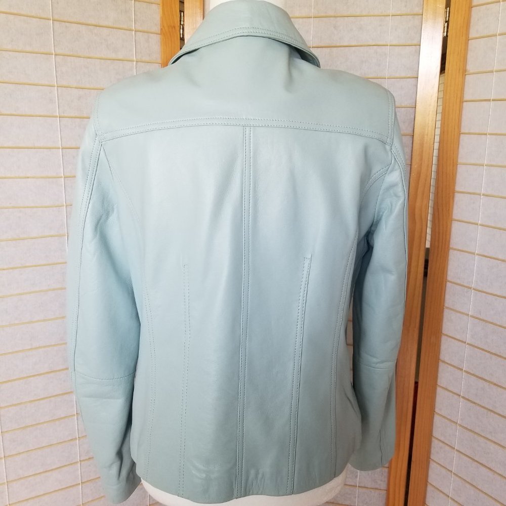 Light Blue Leather Zip Front Blazer Jacket - Picture 6 of 10